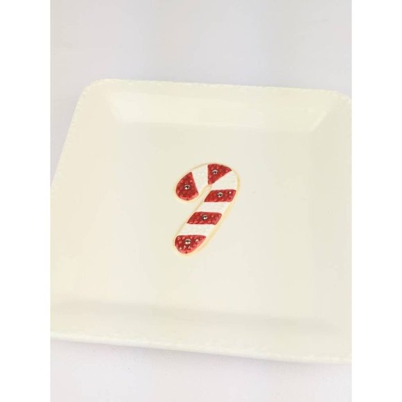 Santa Cookie Plate Red White Candy Cane | Square White Plate Hallmark Holiday - Picture 3 of 9